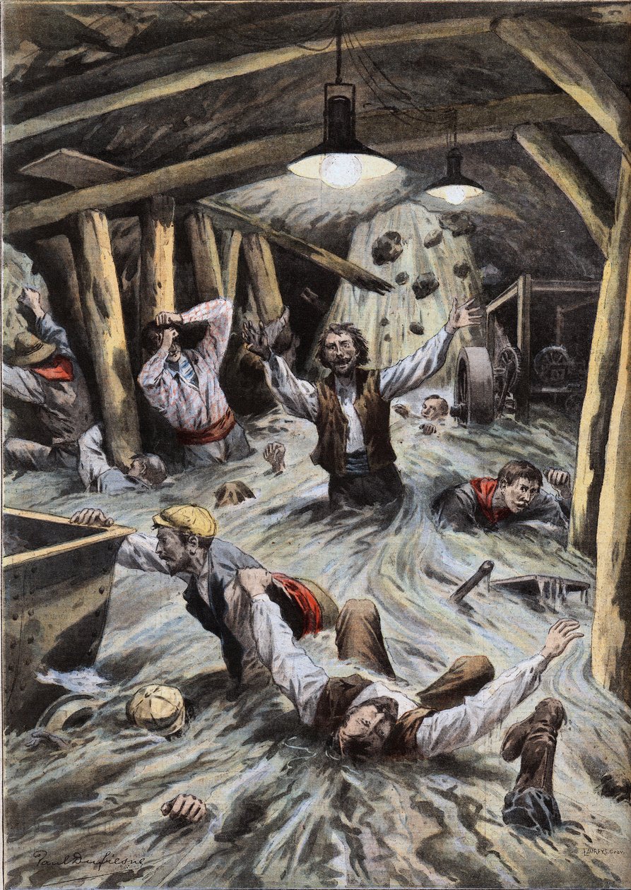 Egy folyó behatol a svájci Loetschberg alagútba az építkezés során. Metszet a „” Le Peute Parisien” újságból”, 1908.09.08. Magángyűjtemény. alkotó: Anonymous Anonymous