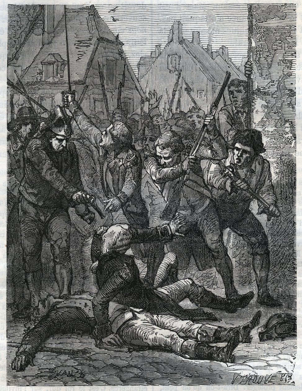 Jelenet a francia forradalom időszakában: Theobald de Dillont (1745-1792) és egy Berthois nevű dzsinntisztet lemészároltak a katonák és Lille lakossága, akik hazaárulással vádolták őket. Metszet 1866-ból a „Histoire de la Revolution fr alkotó: Anonymous Anonymous