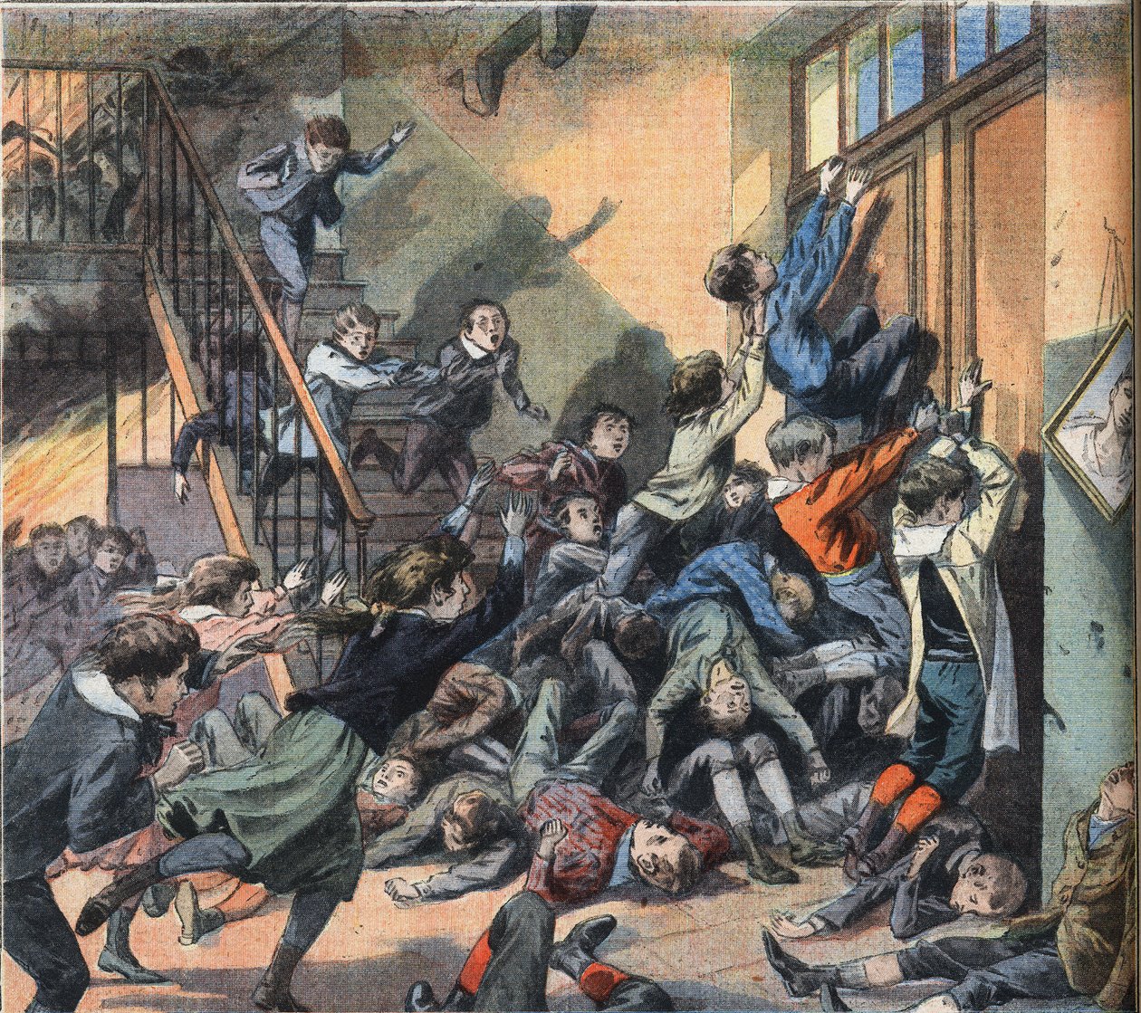 Leégett egy iskola Clevelandben (Egyesült Államok). Metszet a „Le Petite Parisien” újságból, 1908.03.22. Magángyűjtemény. alkotó: Anonymous Anonymous