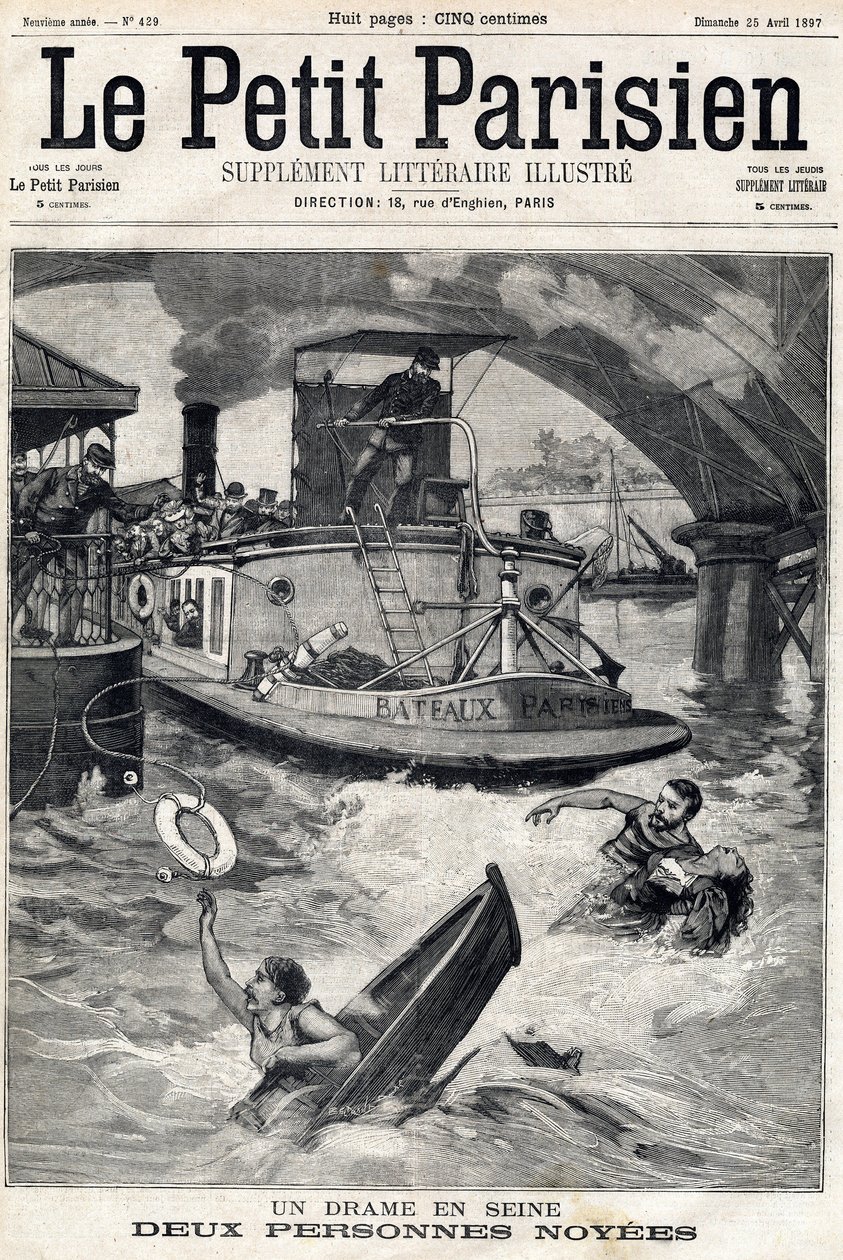 Baleset a Szajnában: két ember egy vízbe fulladt csónakban. A „” Le Petit Parisien” című kötetben 1897.04.25-én. alkotó: Anonymous Anonymous