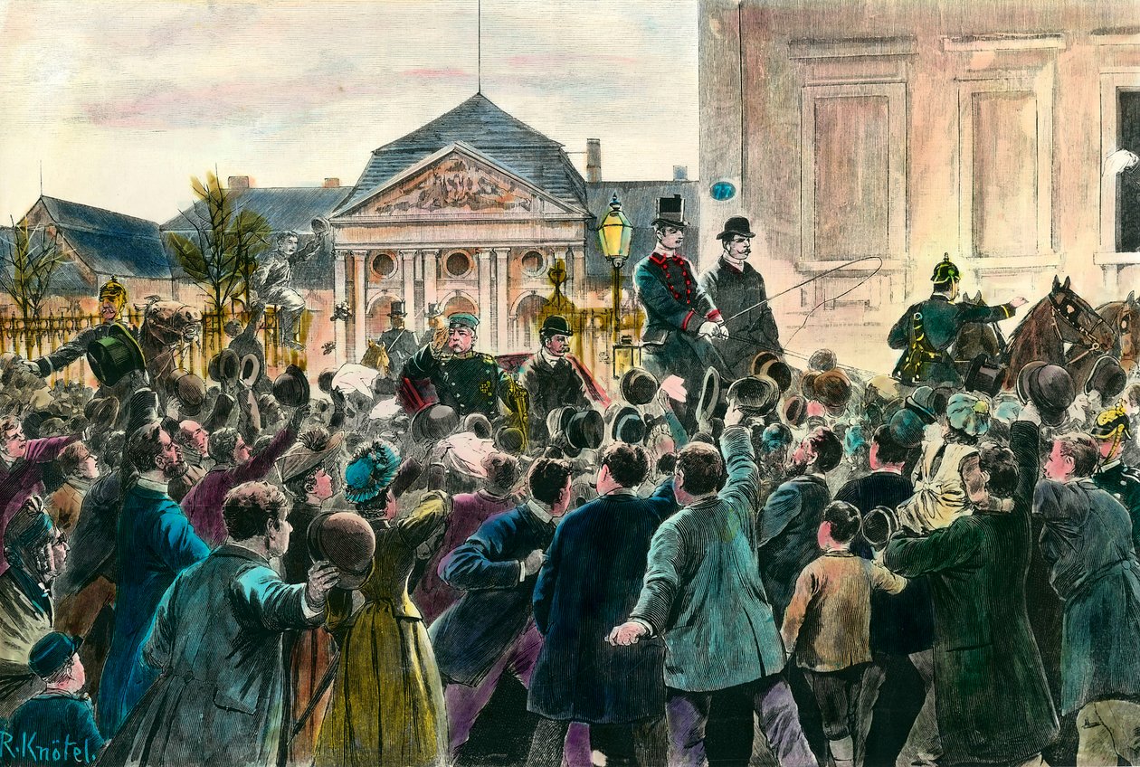A tömeg felkiáltása Otto von Bismarck (1815-1898) távozásakor és Berlinben 1890. március 29-én Metszet a 19. század végéről. Magángyűjtemény alkotó: Anonymous Anonymous