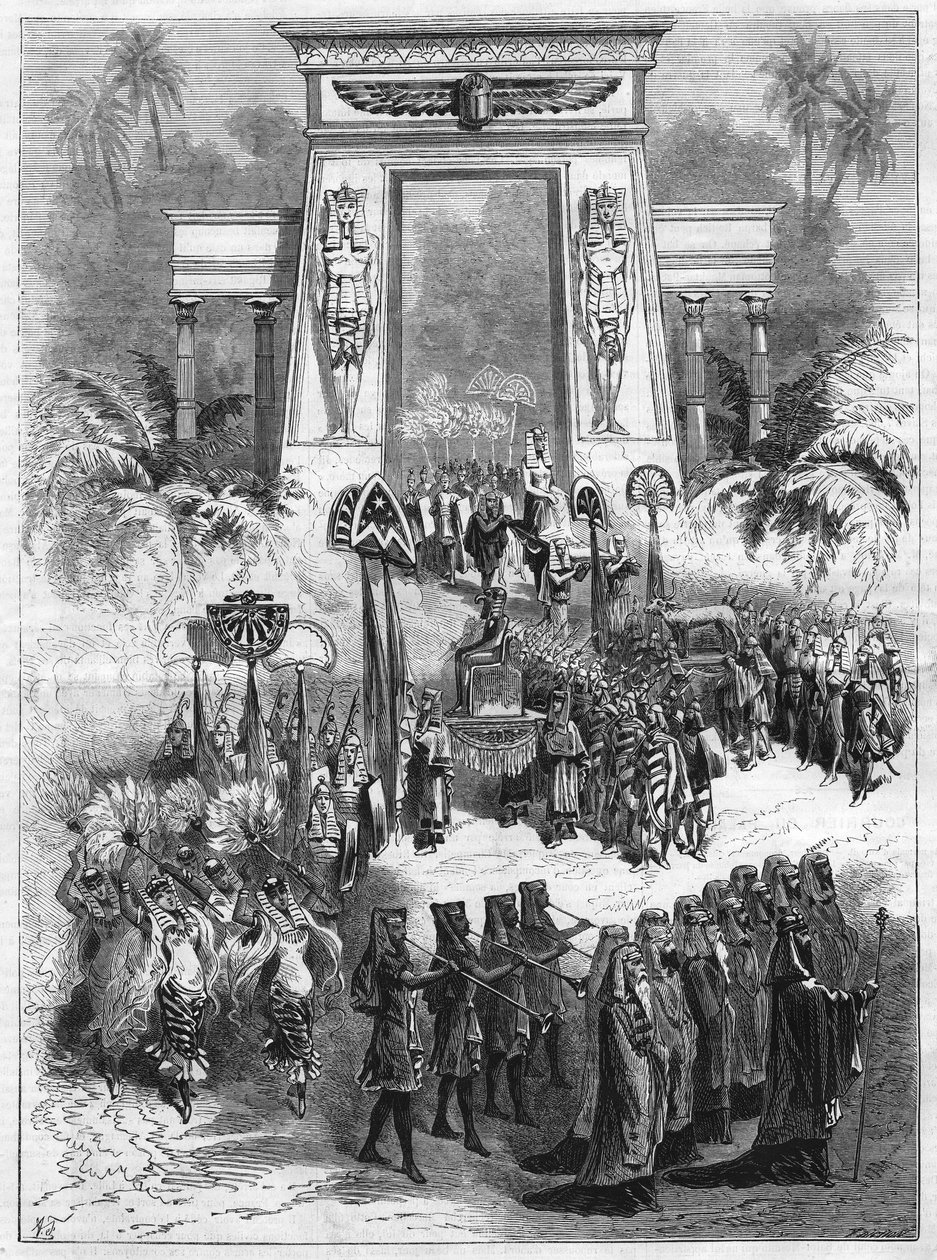 A darab II. felvonása, Aida. Giuseppe Verdi (1813-1901) nagyoperája négy felvonásban és hét festménye a párizsi olasz színházban. Metszet „” L
