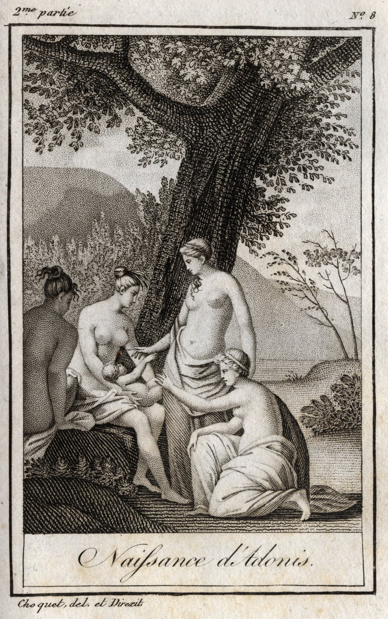 Adonis megszületett. Metszet 1819-ből Charles Albert Demoustier (1760-1801) „Lettres a Emilie sur la mythologie” című művében. Magángyűjtemény. alkotó: Anonymous Anonymous