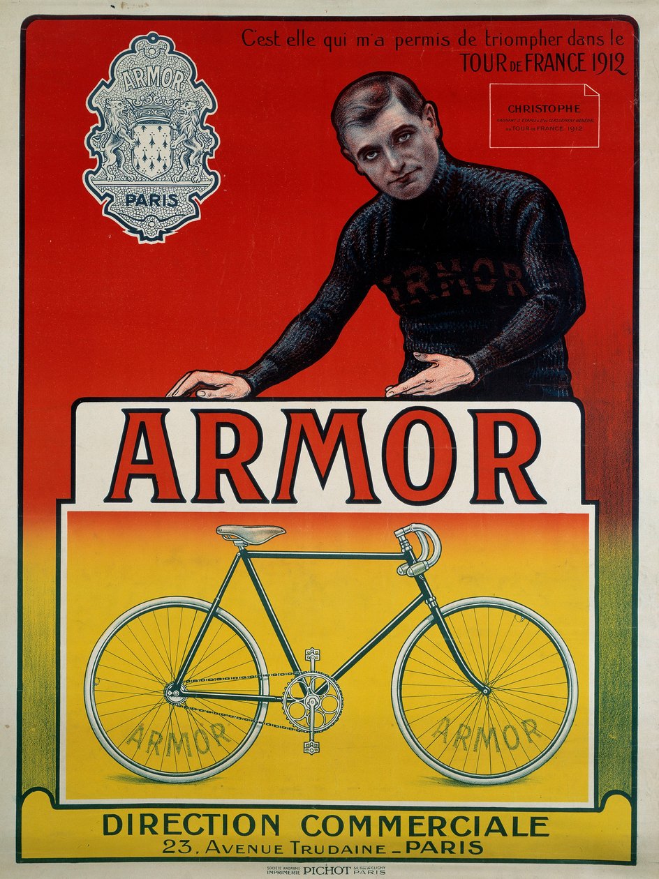 A „Páncél” kerékpár reklámplakátja Eugene Christophe (1885-1970) kerékpárossal, aki az 1912-es Tour de France 3 szakaszának győztese és az általános besorolás 2. helyezettje: „” Ő tette lehetővé, hogy diadalmaskodjak a Tour de France, 1912, sd 20. század alkotó: Anonymous Anonymous