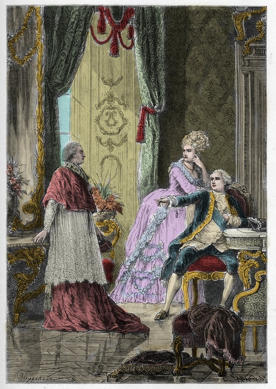 A királynő nyakláncának ügye (1785-1786): Louis Rene Edouard de Rohan bíboros (1734-1803) XVI. Lajos király (1754-1793) és Marie Antoinette királynő (1755-1793) előtt alkotó: Anonymous Anonymous