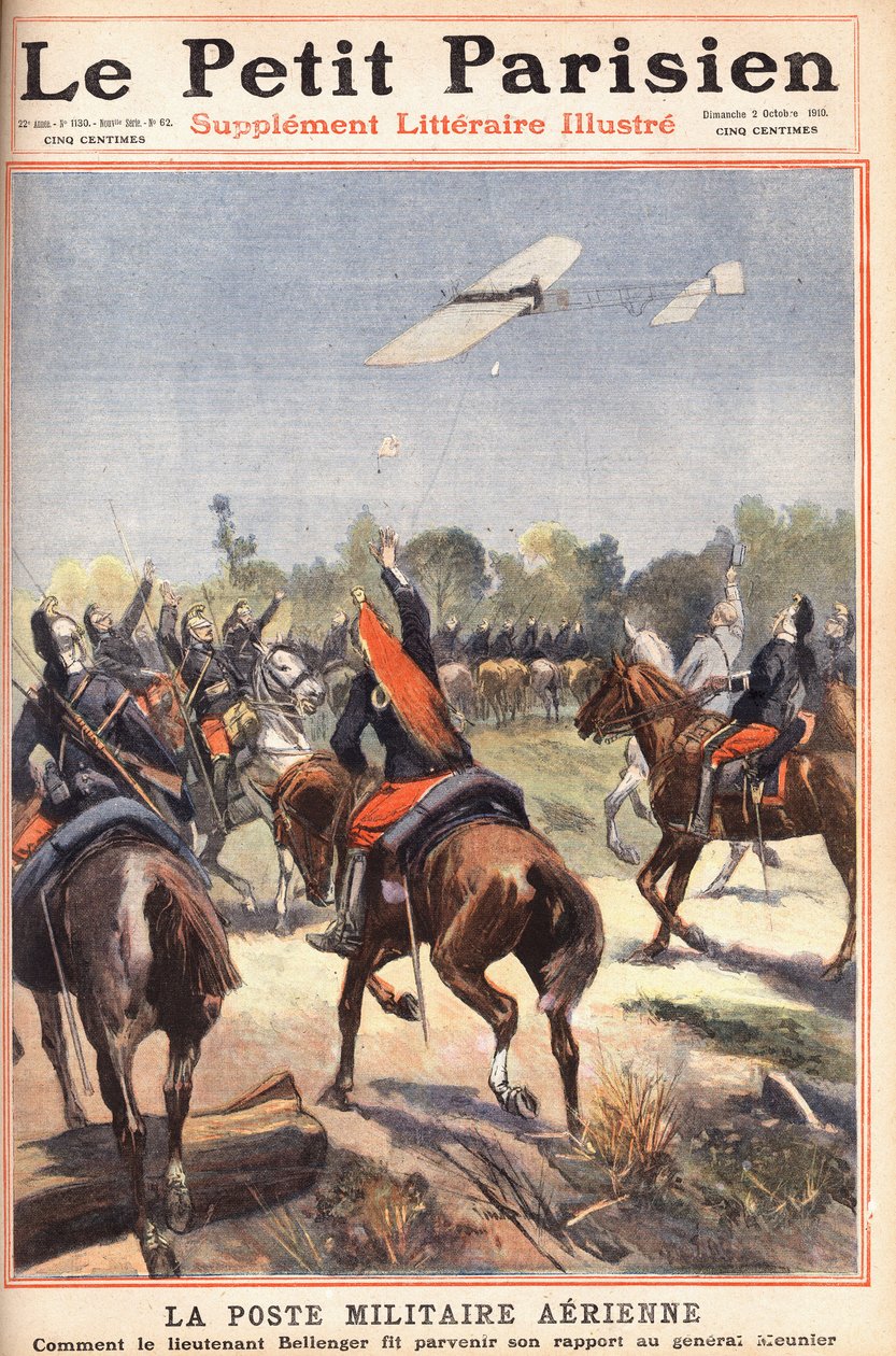 Légi katonai poszt: hogyan küldte el Georges Bellenger hadnagy (1878-1977) jelentését Meunier tábornoknak, a „Le petit parisien” újság címlapja 1910.02.10. (metszet) alkotó: Anonymous Anonymous