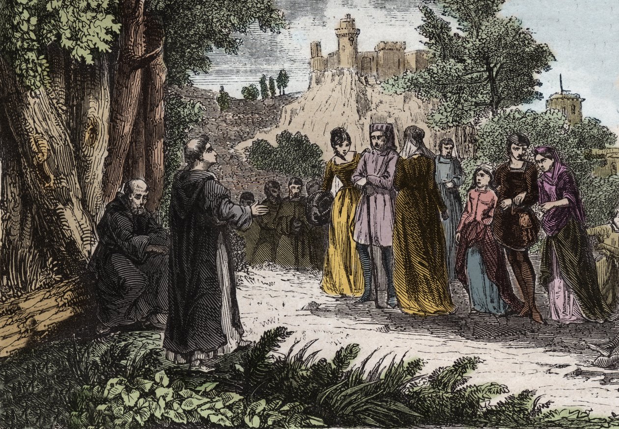 Alibgens eretnekség - Szent Domonkos prédikál az albigenseknek - Szent Domonkos (Dominica de Guzman) (1170-1221) prédikál az albigeieknek - 1846-os metszet a „Szentek élete” c. Magángyűjtemény. alkotó: Anonymous Anonymous
