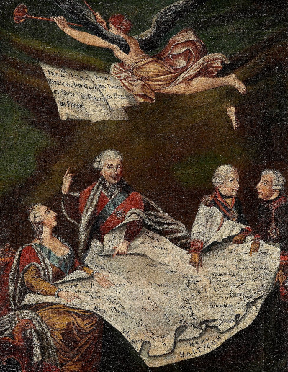 Lengyelország felosztásának allegóriája II. Oroszországi Katalin (1729-1796), Stanislas II Augustus (Stanislaw August Poniatowski) között alkotó: Anonymous Anonymous