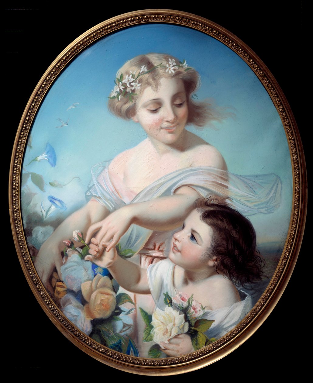 A nyár allegóriája Egy anya és unokája virágcsokrokat tartva. Névtelen festmény. 18. századi Rouen, Musee des Beaux Arts alkotó: Anonymous Anonymous