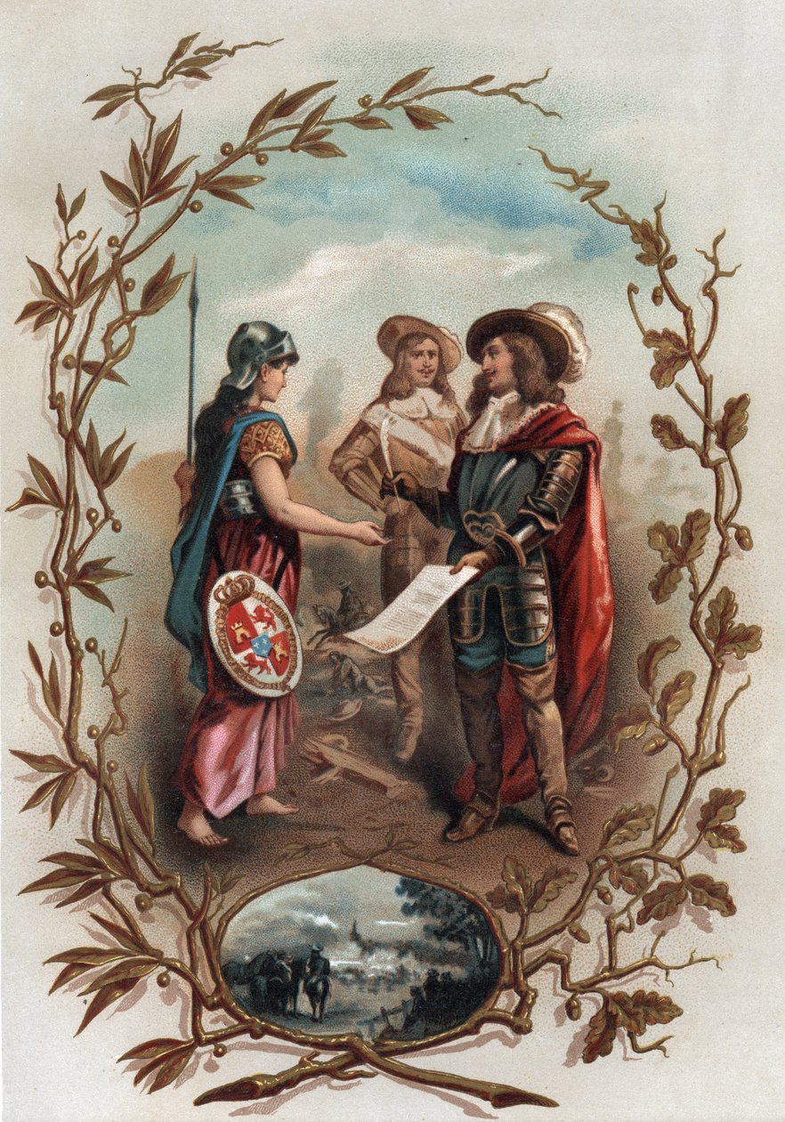 Az aacheni szerződéssel kapcsolatos allegória. 1668. május 2-án írt alá Franciaország és Spanyolország között, véget vetett a devolúciós háborúnak, és Flandriát Franciaországnak adta. Kromolitográfia „” Turenne-ben; sa vie, les intézmények militaires de so alkotó: Anonymous Anonymous
