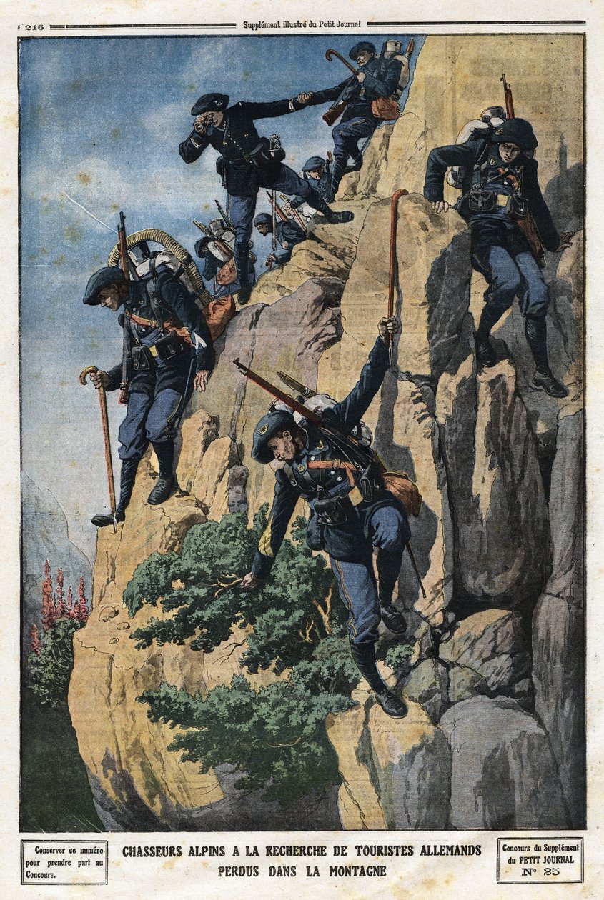Alpesi vadászok elveszett német turistákat keresnek. A Chartreuse-hegység Nero (Helmet du Nero) hegyéhez akartak menni. Metszet a „Le Petite Journal”-ban, 1912.07.07. Magángyűjtemény. alkotó: Anonymous Anonymous