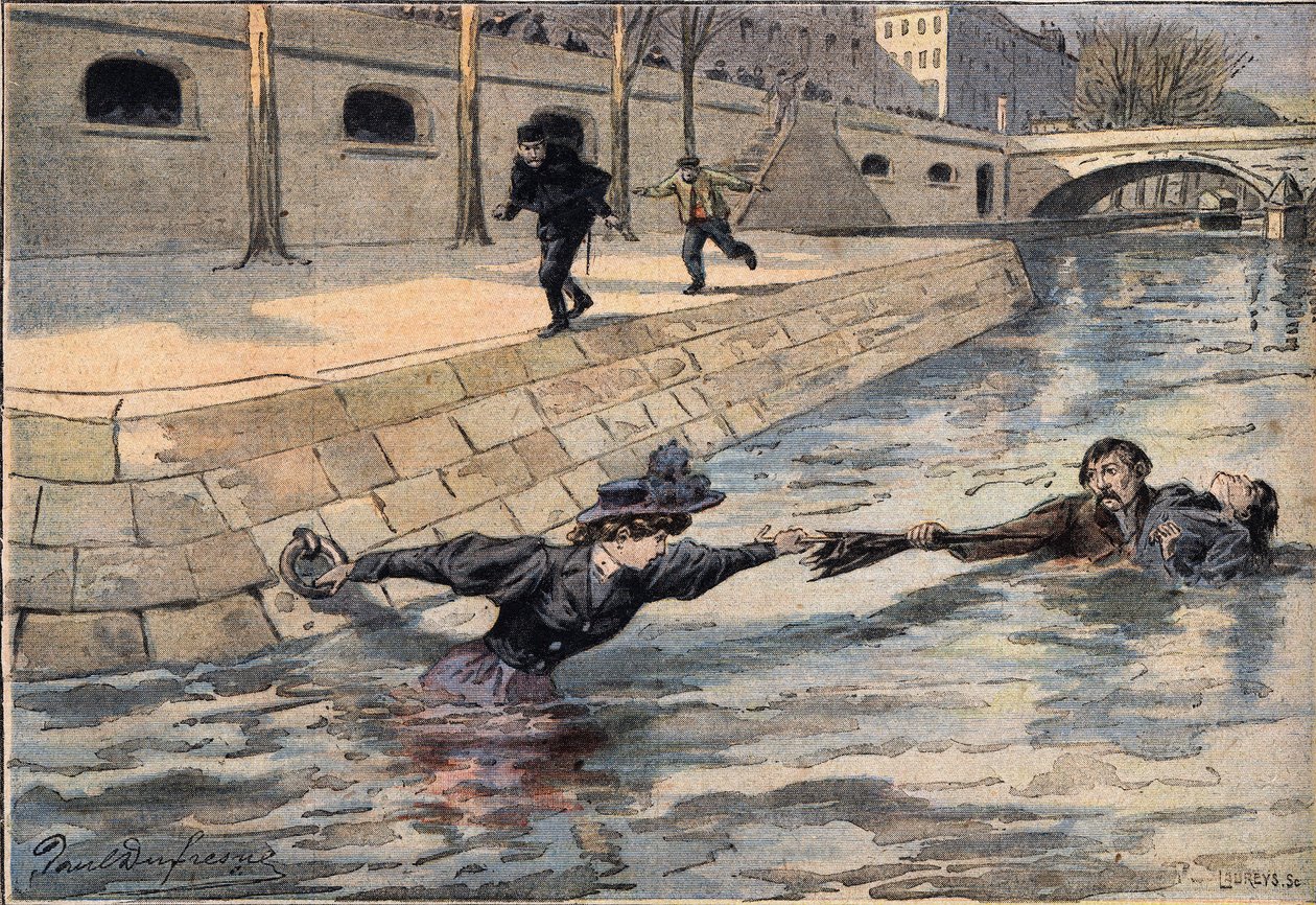Ötletes mentés: a Szentatya hídja közelében a szajnában kicsapódott nőt megmenti egy férfi, aki egy másik nőnek segített. Metszet a „Le Petite Parisien” újságból, 1908.08.03. Magángyűjtemény. alkotó: Anonymous Anonymous