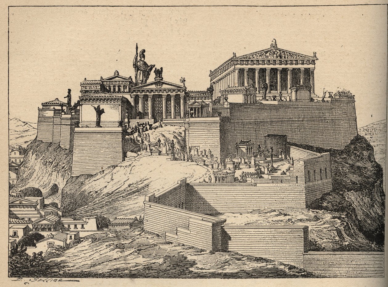 Ókori Görögország: Parthenon, Athéné temploma, az athéni Akropolisz dombján (Ókori Görögország: Athén, Akropolisz - Parthenon - metszet 1890 alkotó: Anonymous Anonymous