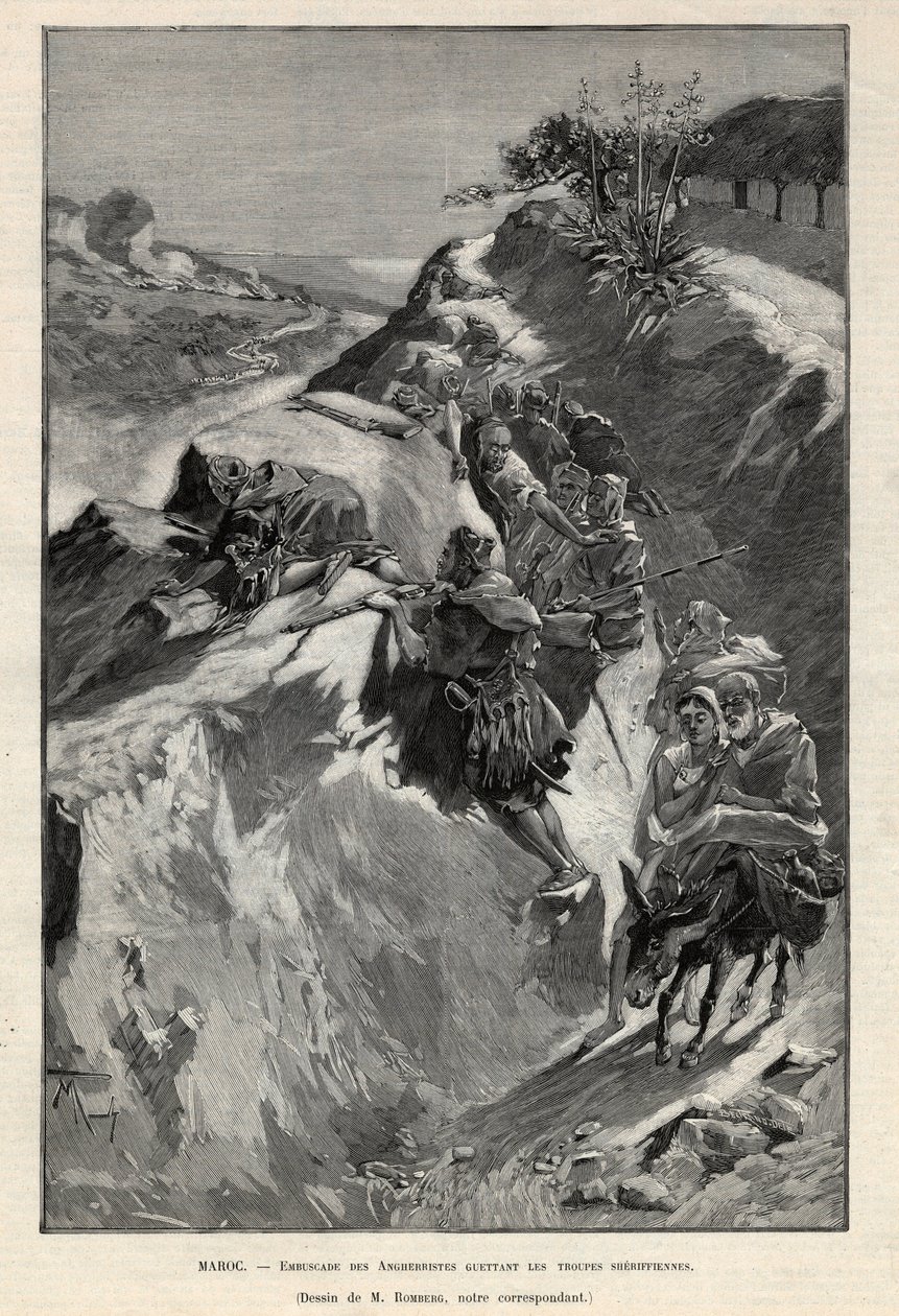 Andjera hegyi felkelés Marokkóban: Angherristák lesben várják a seriffi csapatokat. Metszet az 1892-es „Le monde illustree”-ben. Magángyűjtemény. alkotó: Anonymous Anonymous