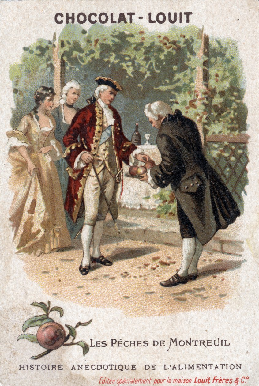 Anekdotikus ételek története: Montreuil halászata. Az itt bemutatottak valójában Bagnolet Espalier halászata. XV. Lajos francia király udvarával eljön, hogy egyen a Monsieur Edmee de Girardot által termesztett őszibarackot. Csokoládé-Louit kromol alkotó: Anonymous Anonymous