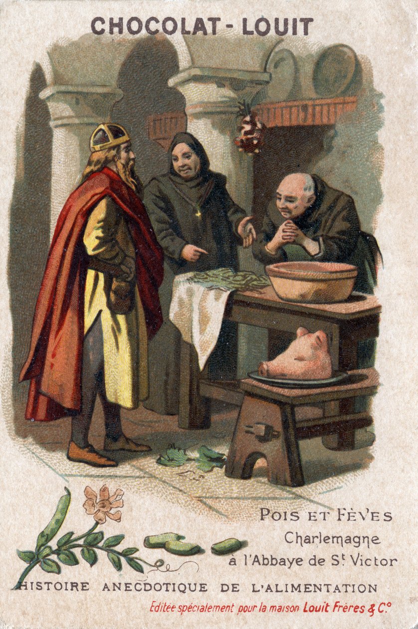 Anekdotikus táplálkozástörténet: borsó és láz. Nagy Károly (I. Károly, Nagy Károly, 742-814) kéri a receptet a Szent Viktor apátság szerzeteseitől, akik figyelemre méltó módon készítettek borsót. Chocolate-Louit kromolitográfia, 19. század vége alkotó: Anonymous Anonymous