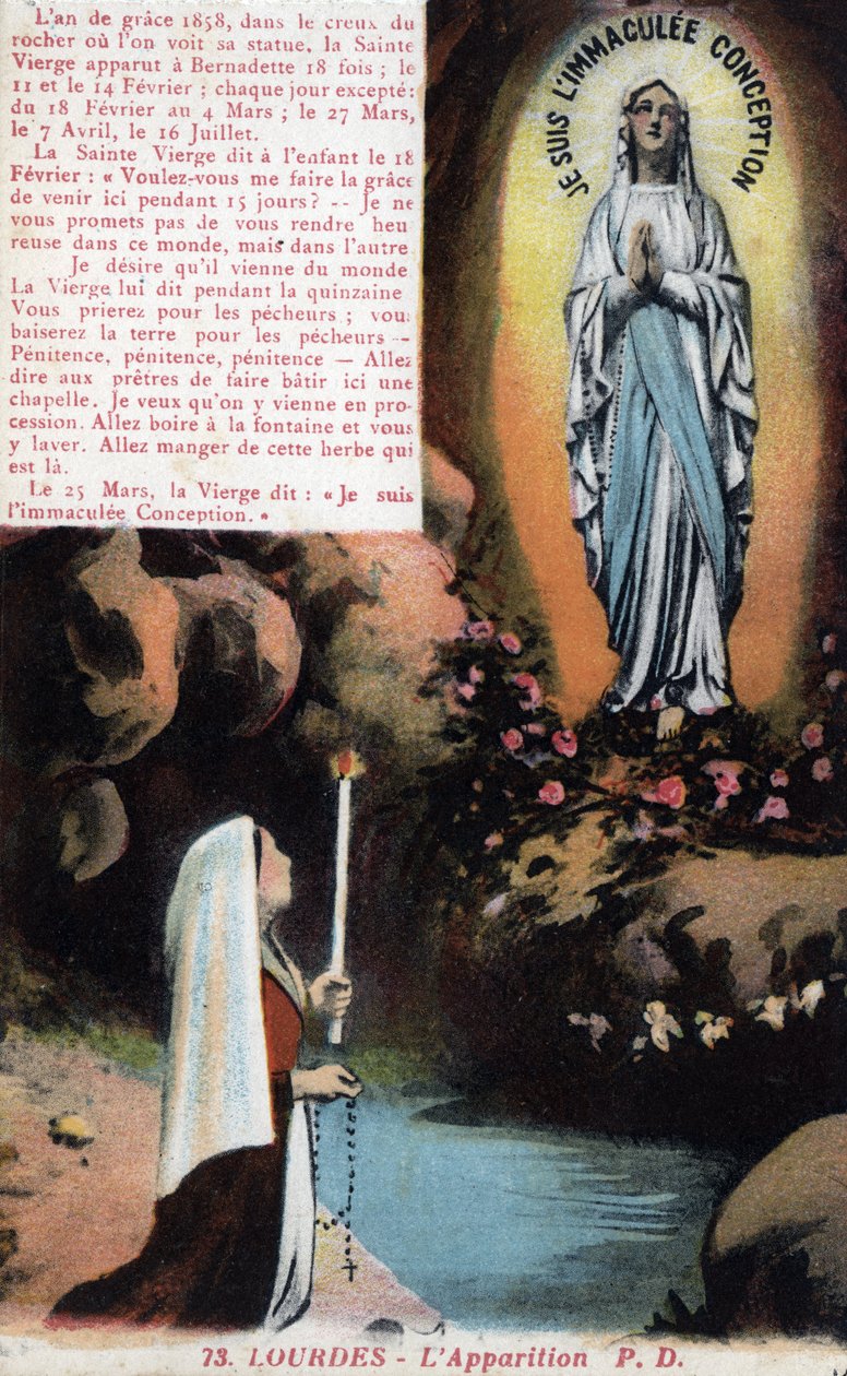 Szűz Mária Bernadette Soubirous (1844-1879) megjelenése a lourdes-i barlangban - Hautes Pyrenees (65) képeslap 1900 körül. alkotó: Anonymous Anonymous