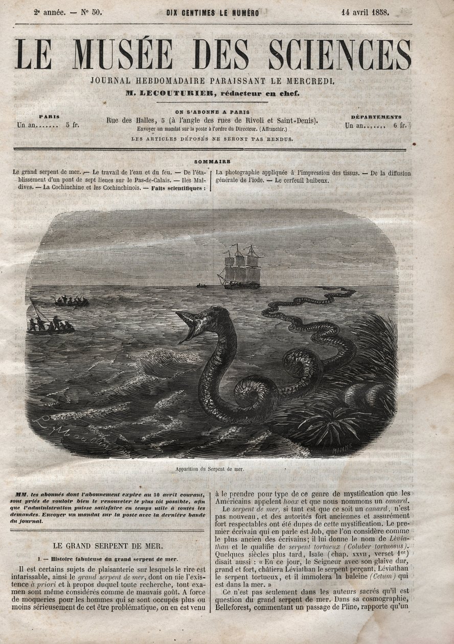 A tengeri kígyó megjelenése. Metszet 1858-ból. A „Musee des Sciences” egyik április 14-i alkotó: Anonymous Anonymous