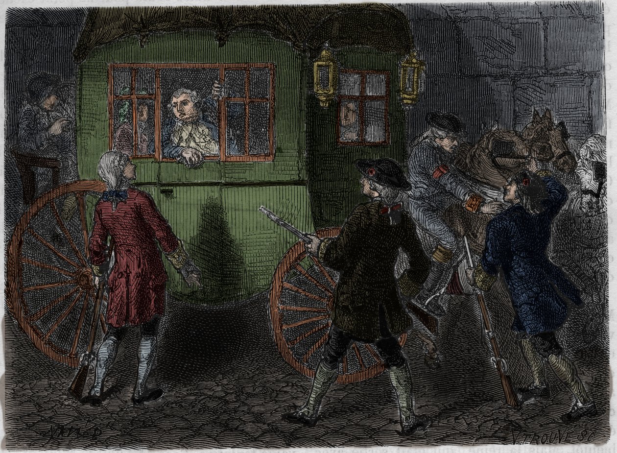 XVI. Lajos (1754-1793) és menekülő családja letartóztatása Varennes-ben 1791. június 21-én. Metszet 1866-ból Adolphe Thiers „Histoire de la Revolution francaise”-be. . alkotó: Anonymous Anonymous