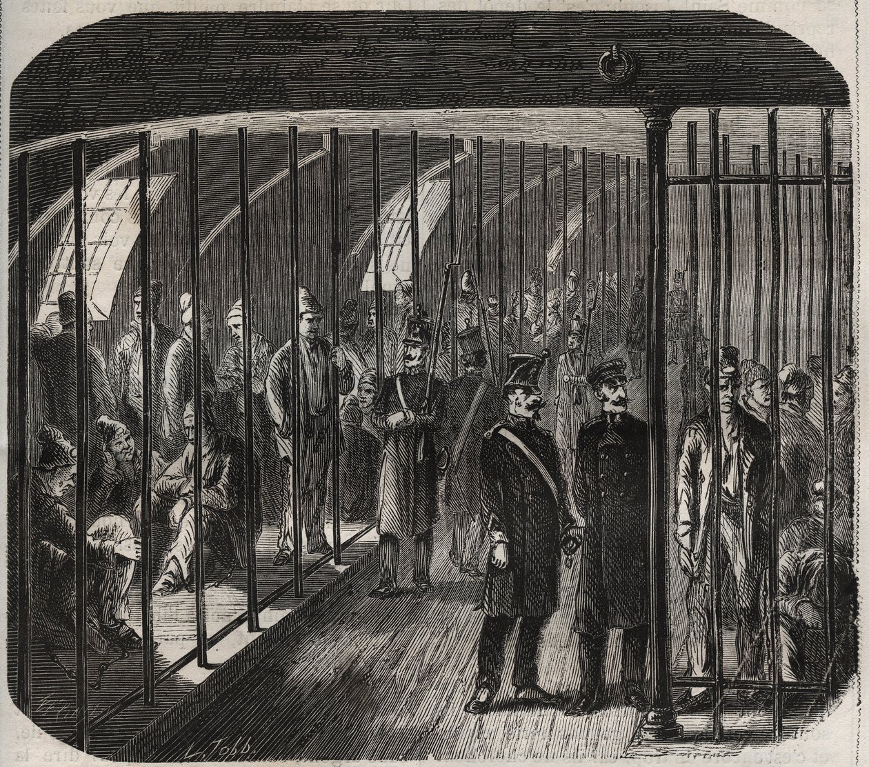 A fedélzeten lévő erők megérkezése a Toulonból Cayenne-be (Guyana) tartó konvoj során az 1851. december 8-i rendelet értelmében. Pierre Zaccone (1817-) metszete „A börtönök története a létrehozásuktól napjainkig” (1877) 1895) (Colonia Penale – Penal co alkotó: Anonymous Anonymous