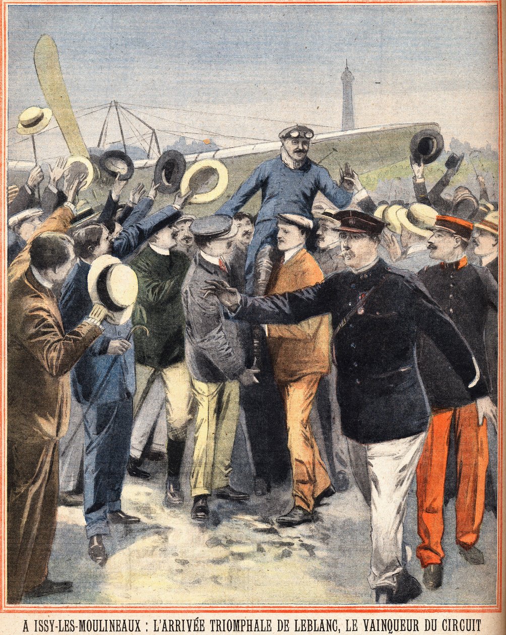 Alfred LeBlanc (1869-1921) francia pilóta érkezési diadala, az Issy Les Moulineaux (Issy-Les-Moulineaux) légkör győztese. Metszet "A kis párizsi"-ban 1910.08.14 alkotó: Anonymous Anonymous