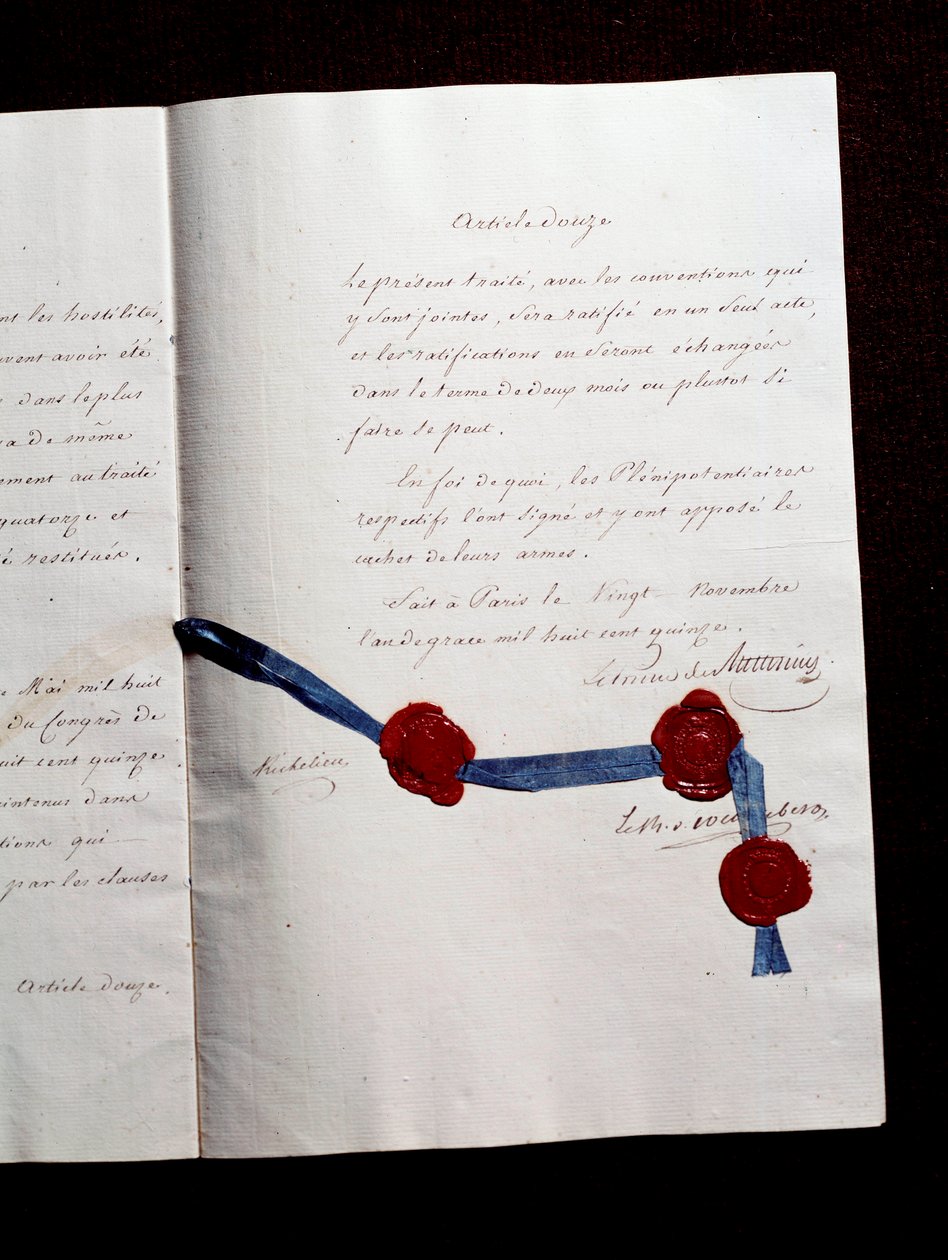A Franciaország és a Coalises között létrejött 1815-ös szerződés 12. cikke. Armand Emmanuel de Vignerot du Plessis, Richelieu hercege (1766-1822) által aláírt második párizsi békeszerződés: a szerződés együttműködést ír elő Ausztria, az Egyesült Királyság, alkotó: Anonymous Anonymous