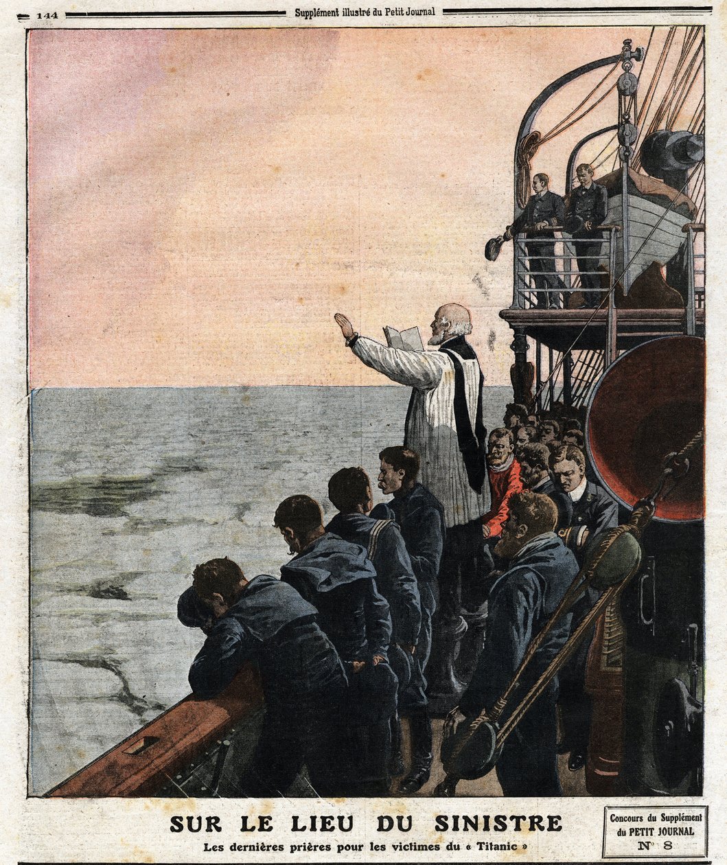 A katasztrófa helyszínén utolsó imák a Titanic áldozataiért. Beavató útja során Southamptonból New Yorkba a brit transzatlanti „The Titanic” hajó jéghegynek ütközött április 14-én éjjel. alkotó: Anonymous Anonymous