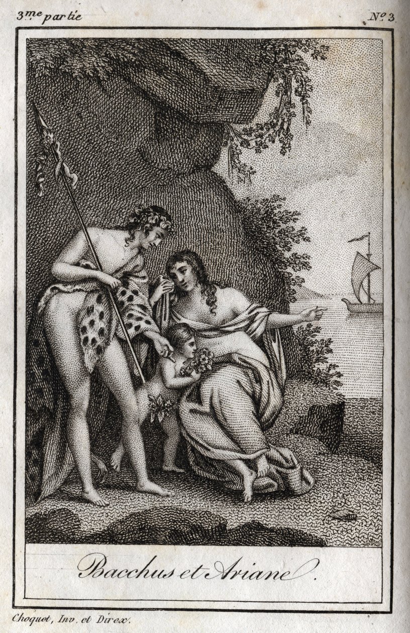 Bacchus et Ariane (Bacchus és Ariadne) Metszet 1819-ből Charles Albert Demoustier (1760-1801) „Lettres a Emilie sur la mythologie” című művében. Magángyűjtemény. alkotó: Anonymous Anonymous