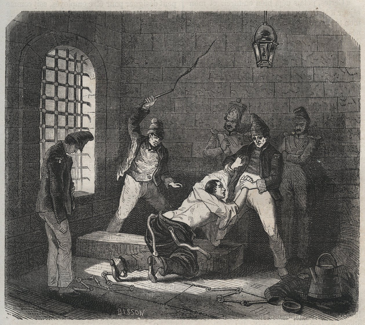 Bresti börtön: botozás. Pierre Zaccone (1817-1895) (Colonia Penale - Büntetőtelep) metszet az „Elítéltek története a megalkotásuktól napjainkig” című könyvébe (1877). Magángyűjtemény. alkotó: Anonymous Anonymous