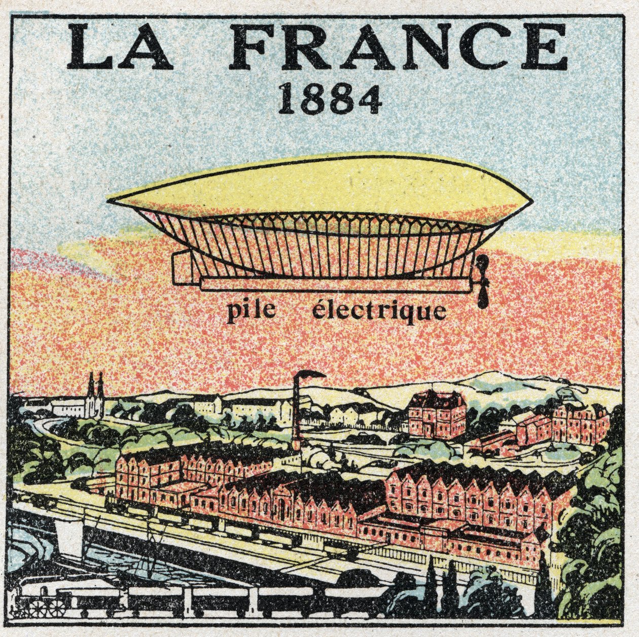 Léggömbök: a „La France” léghajó 1884-ben, a francia Renard és Krebs által feltalált elektromos akkumulátorral. Névtelen illusztráció 1925-ből. Magángyűjtemény. alkotó: Anonymous Anonymous