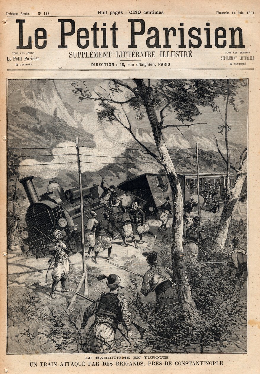 Banditizmus Törökországban, rablók által megtámadt vonat Konstantinápoly közelében. Metszet „” Le petit Parisien”” 1891-ből. Magángyűjtemény. alkotó: Anonymous Anonymous