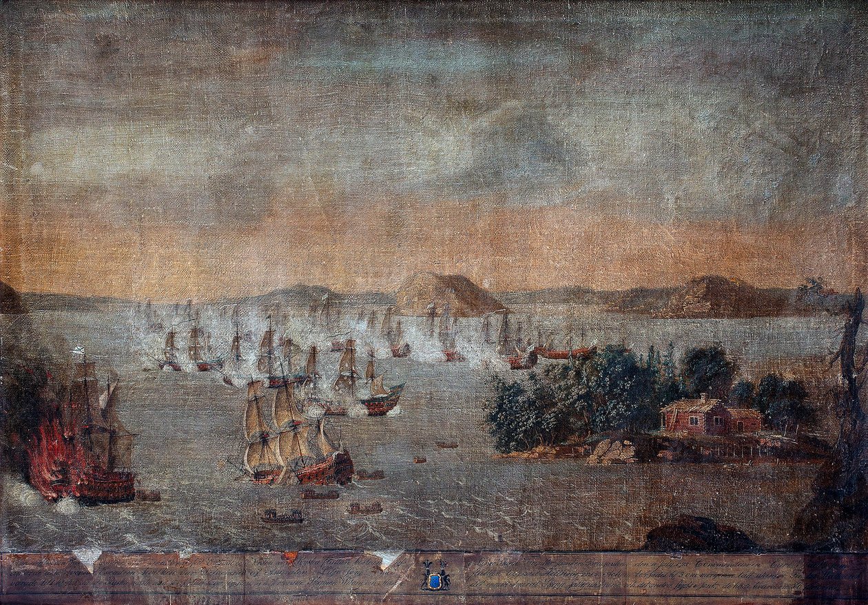 Roxlandi csata - A nagy északi háború alatt, 1713. július 22-i tengeri csata Svédország és Oroszország között - A hollandi csata 1713. július 22-én - Ismeretlen művész festménye alkotó: Anonymous Anonymous