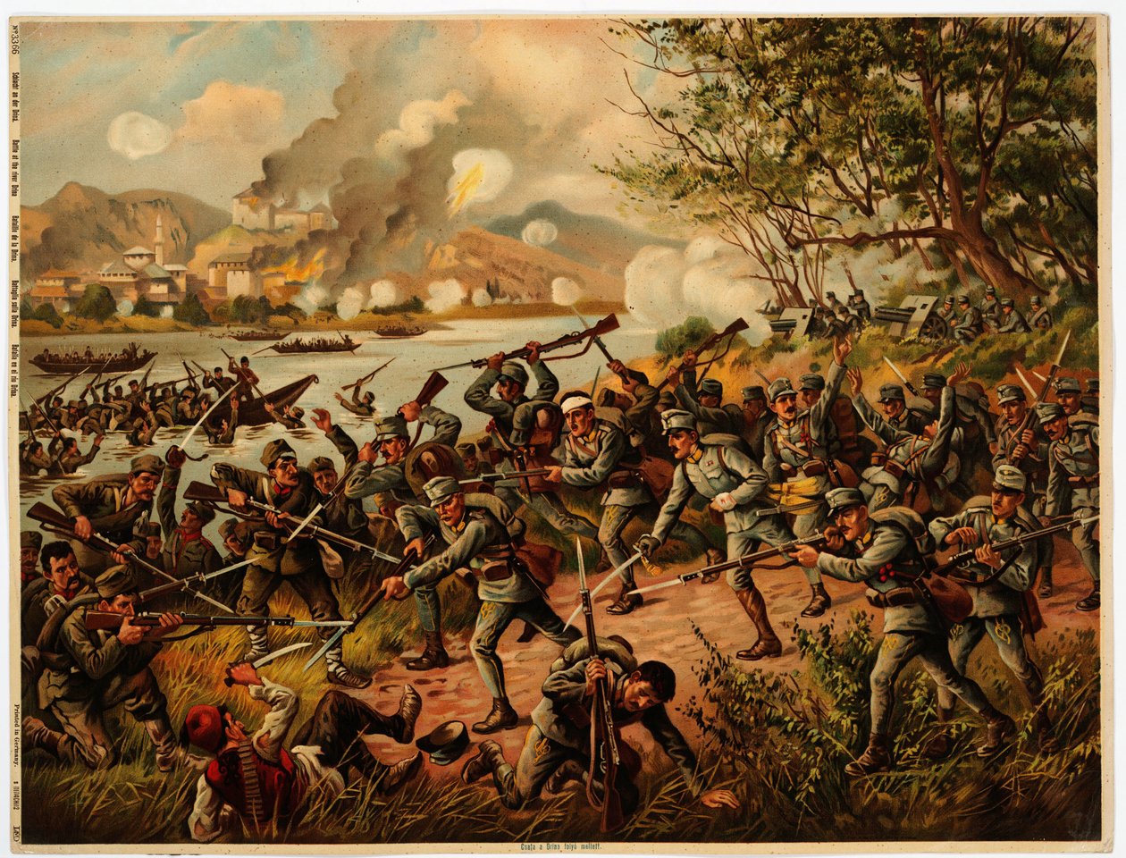 Bataille de la Drina (Bosnie, Szerbia) 1914 - A drinai csata - Anonymous - 1914 - Színes litográfia - 39x52,2 - Magángyűjtemény alkotó: Anonymous Anonymous