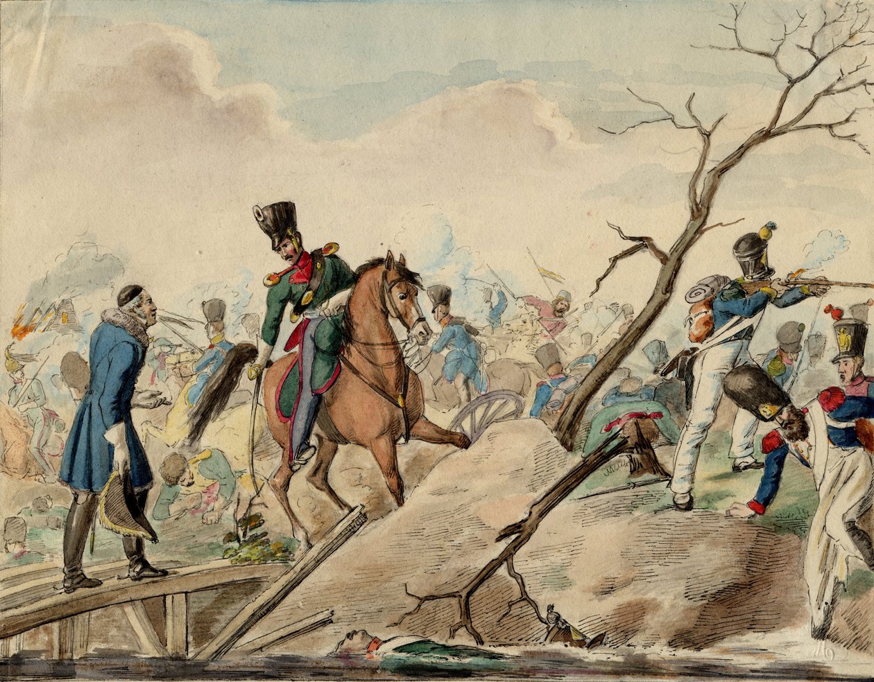 Bataille de Leipzig (bataille des Nations) - Egy epizód a lipcsei csatából - Anonymous - 1813 - Akvarell papíron - 16,2x20,8 - Magángyűjtemény alkotó: Anonymous Anonymous