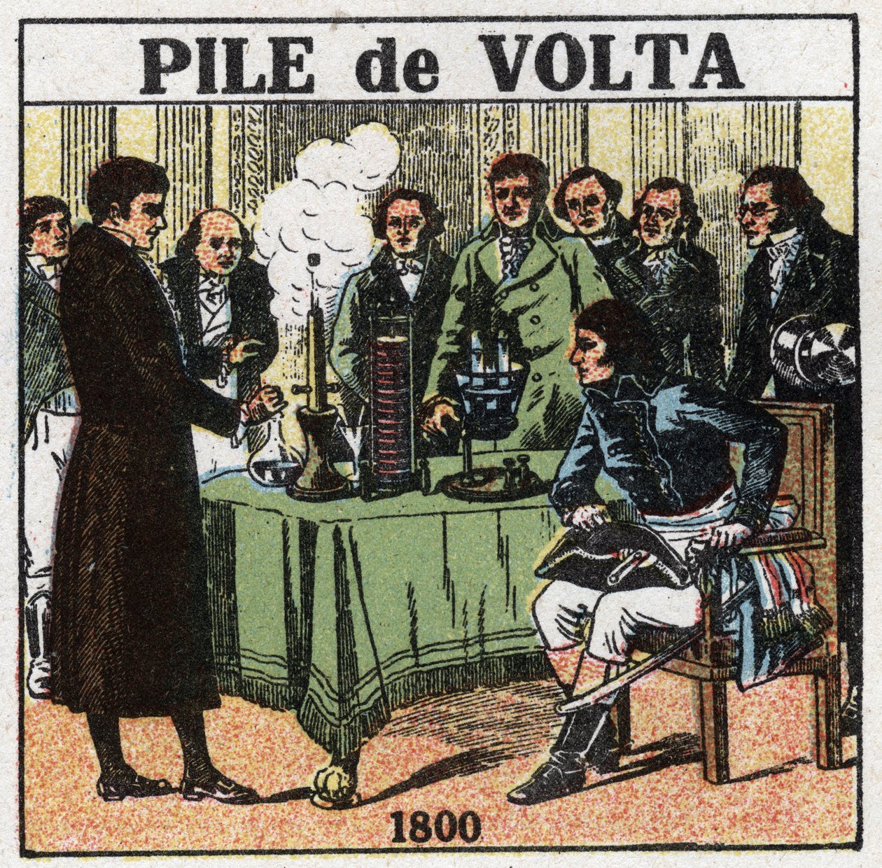 Elemek és akkumulátorok: Alessandro (Alexandre) Volta (1745-1827) 1801-ben bemutatta Bonaparte Napóleon (1769-1821) konzulnak az Institut National de France-ban kísérleteinek eredményeit, amelyek lehetővé tették számára az elektromos akkumulátor feltalálás alkotó: Anonymous Anonymous