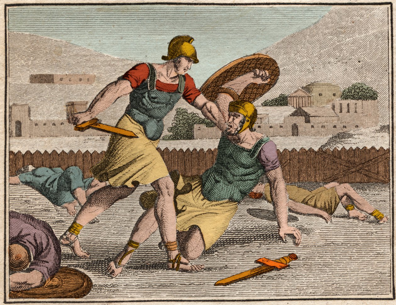 Horatius és Curiaces csata – Horatii és Curiatii csata – Metszet a „” The Rollin of Youth vagy az ókori és római történetek válogatott darabjaiból” című könyvből” 1816 – Magángyűjtemény alkotó: Anonymous Anonymous