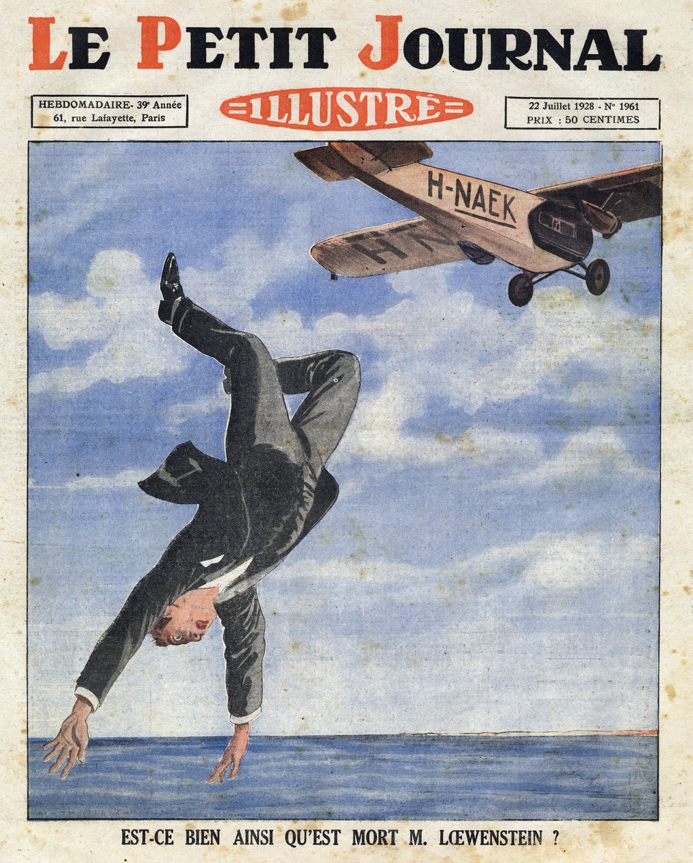 Alfred Loewenstein belga bankár meghalt (1877-1924), amikor 1928. július 4-én repülőgépről a La Manche csatorna vizeibe zuhant, „Le petit journal illustre” alkotó: Anonymous Anonymous