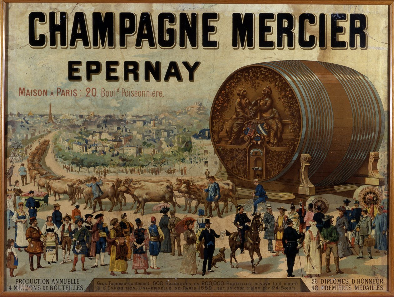 Nagy hordó pezsgős kiállítás az Expo Universelle de 1889 kiállításon – Mercier pezsgő reklámplakátja, 19. század vége alkotó: Anonymous Anonymous