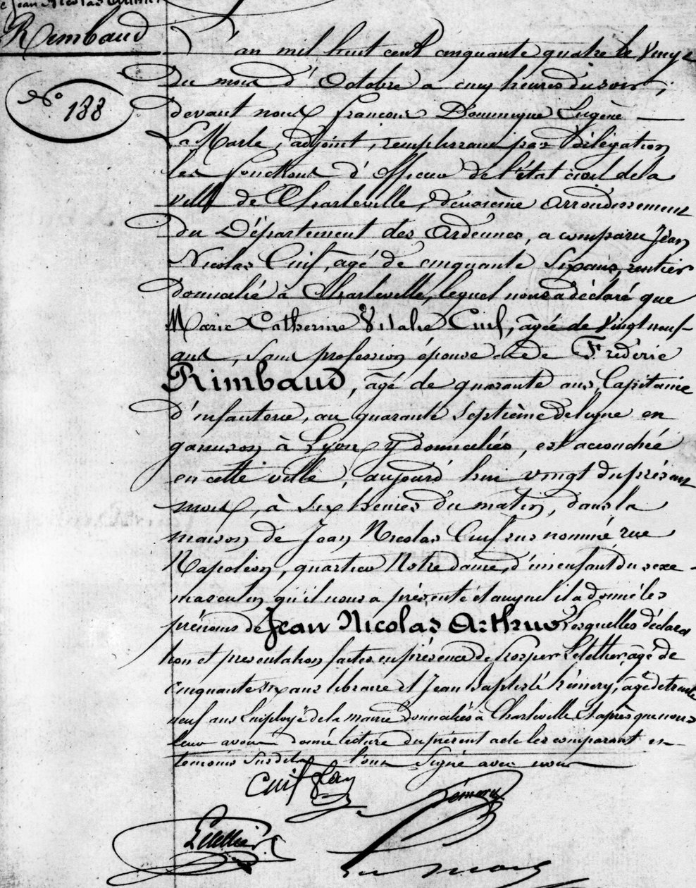 Arthur Rimbaud (1854-1891), Charleville francia költő születési anyakönyvi kivonata, a Musee Rimbaud. alkotó: Anonymous Anonymous