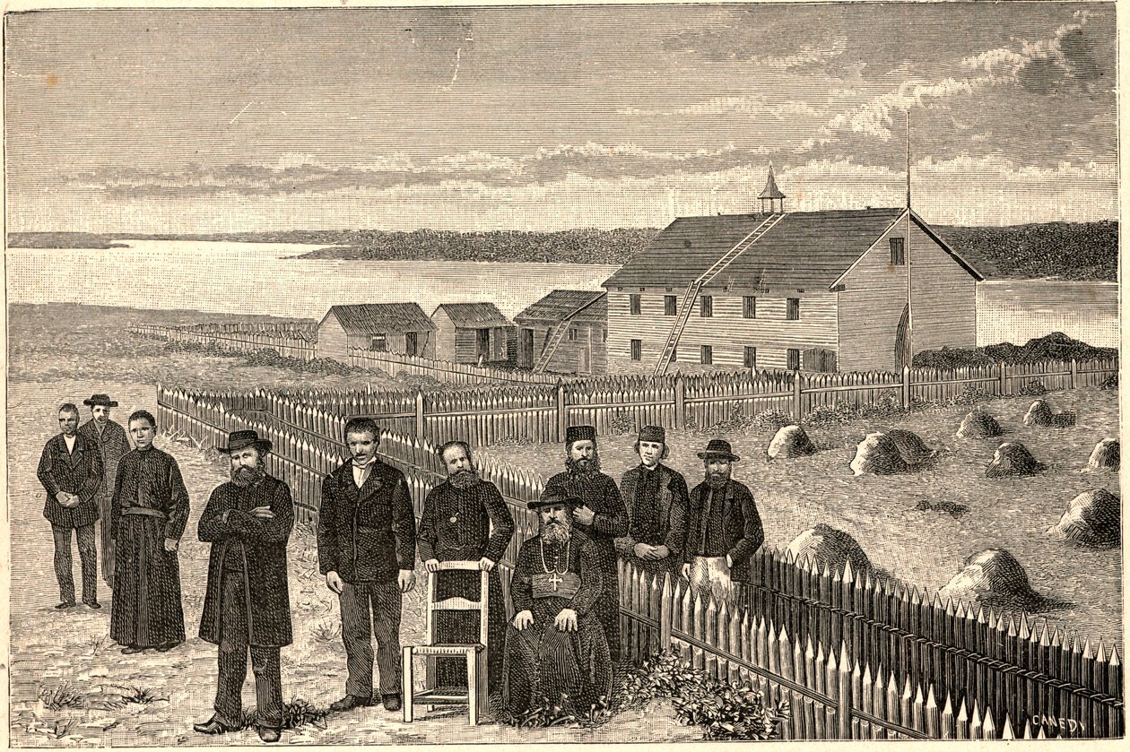 Isidore Clut püspök (1832-1903), R. P. Le Corre és a Gondviselés Misszió más tagjai Athabaska Mackenzie-ben (Athabaska-Mackenzie) Kanadában a 19. század végén. Louis-Eugene (Lou) „Les Missions Catholiques au XIXeme Siecle” metszete alkotó: Anonymous Anonymous