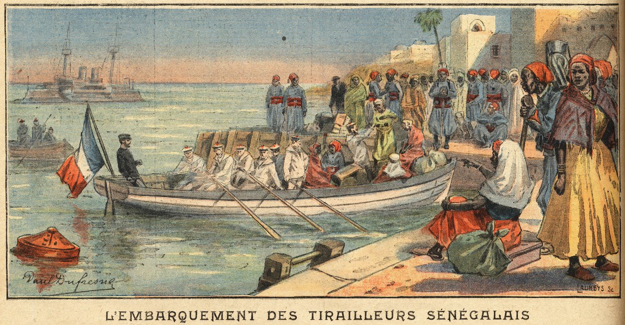 Szenegáli lovasok beszállása feleségükkel. Metszet a „Le Petite Parisien” újságból, 1908.03.22. Magángyűjtemény. alkotó: Anonymous Anonymous