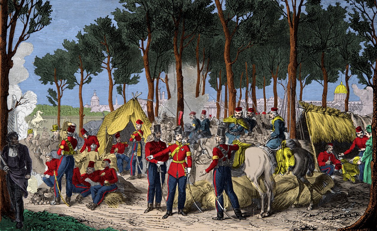 Orosz és angol csapatok táborozása a párizsi Champs Elysees-n 1815 júliusában, Napóleon 1. veresége után, Metszet, Magángyűjtemény alkotó: Anonymous Anonymous