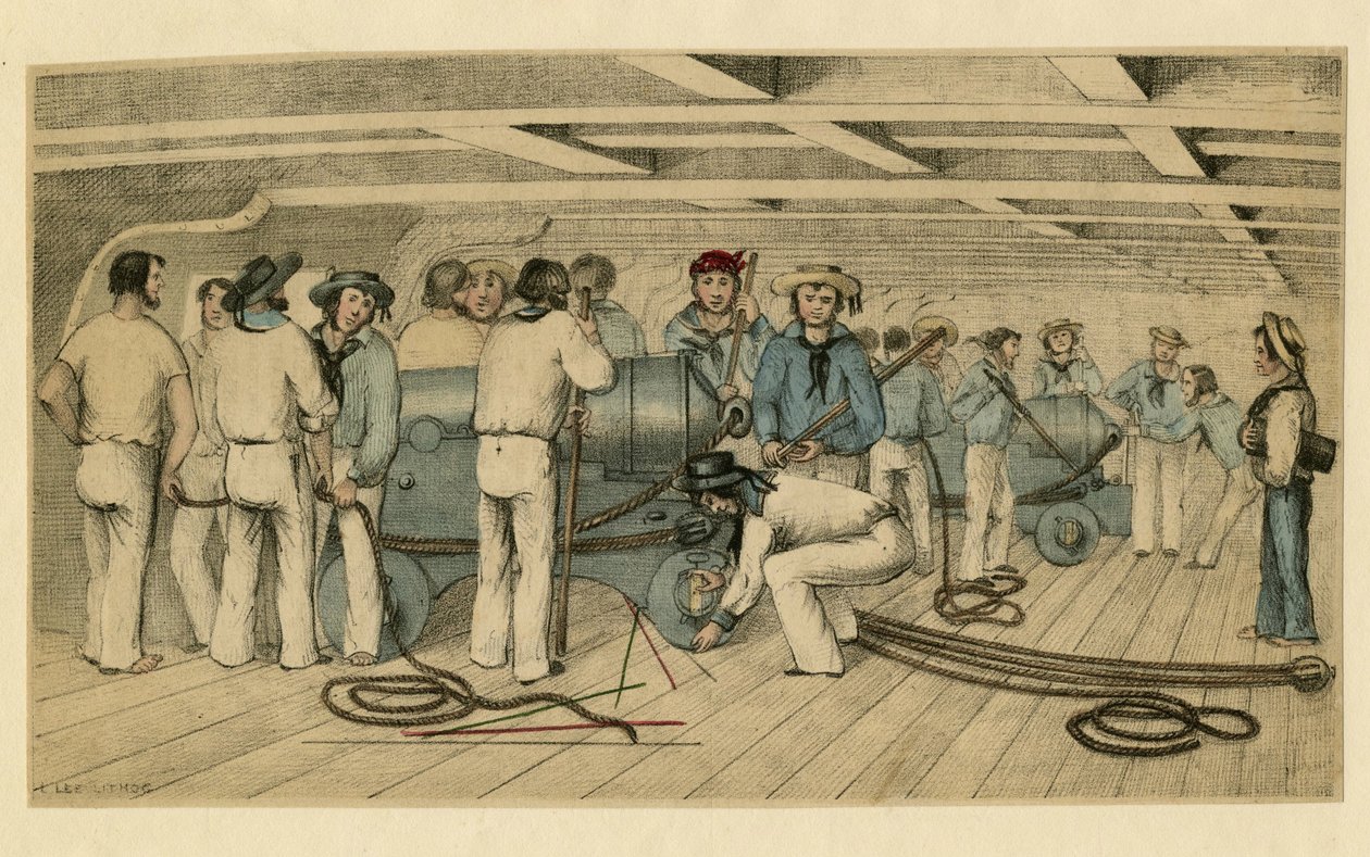"" Brit haditengerészeti tüzérek a fedélzeten "" (Brit haditengerészeti tüzérek a fegyverfedélzeten) Névtelen litográfia 1850 körül. Méret: 21,9 x 28,6 cm Magángyűjtemény alkotó: Anonymous Anonymous