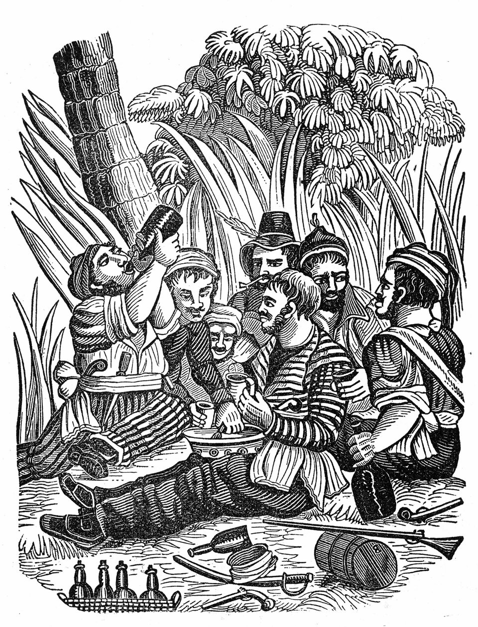 Bartholomew Roberts kapitány legénysége az Old Calabar folyó közelében pihen, 17. század végén. Metszet: „A kalóz saját könyve” 1837. alkotó: Anonymous Anonymous