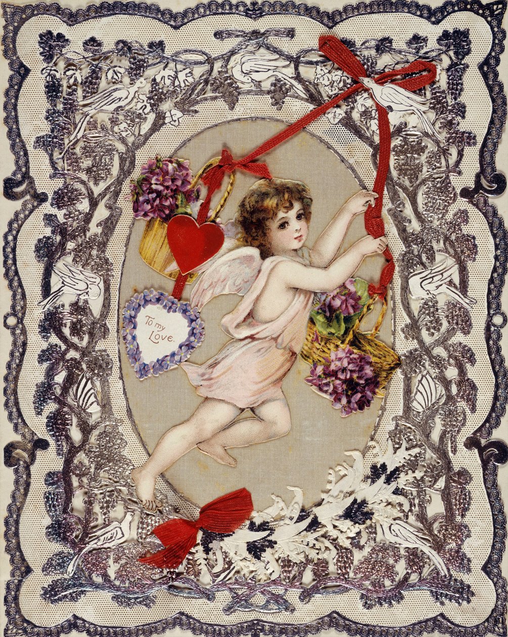 Valentin-napi üdvözlőlap – Névtelen munka, litográfia, dekupázs, papírcsipkék és szalagok, 1860-1870 körül – Valentin-napi üdvözlőlap, Vegyes technika a fedélzeten – Magángyűjtemény alkotó: Anonymous Anonymous