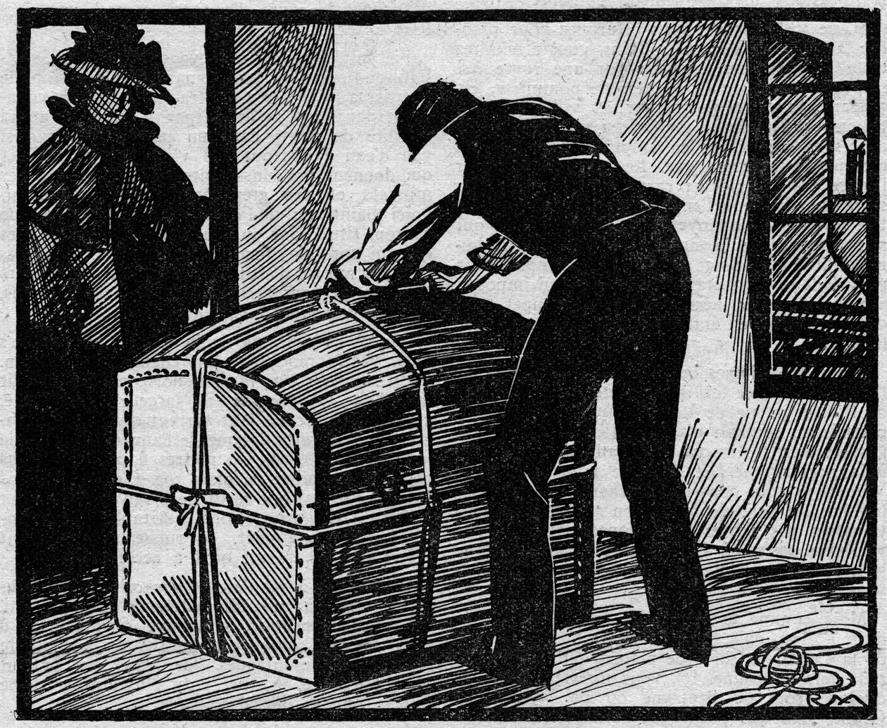 Eyraud-Bompard-ügy (Eyraud Bompard) avagy a véres csomagtartó esete: felfedezte azt a csomagtartót, amellyel a Michel Eyraud és Gabrielle Bompard pár által 1888-ban Párizsban meggyilkolt Gouffe végrehajtó holttestét rejtették el. Az illusztráció a „” Le pe alkotó: Anonymous Anonymous