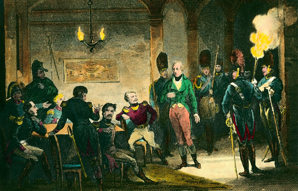 Louis de Bourbon, Enghien hercege (1772-1804) ügye: a herceg perének helyszíne, akit azzal gyanúsítanak, hogy összeesküdött Bonaparte Napóleon első konzul ellen, és bizonyíték nélkül elítélték és kivégezték. Metszet 1804-ből. Magángyűjtemény - A bíró alkotó: Anonymous Anonymous
