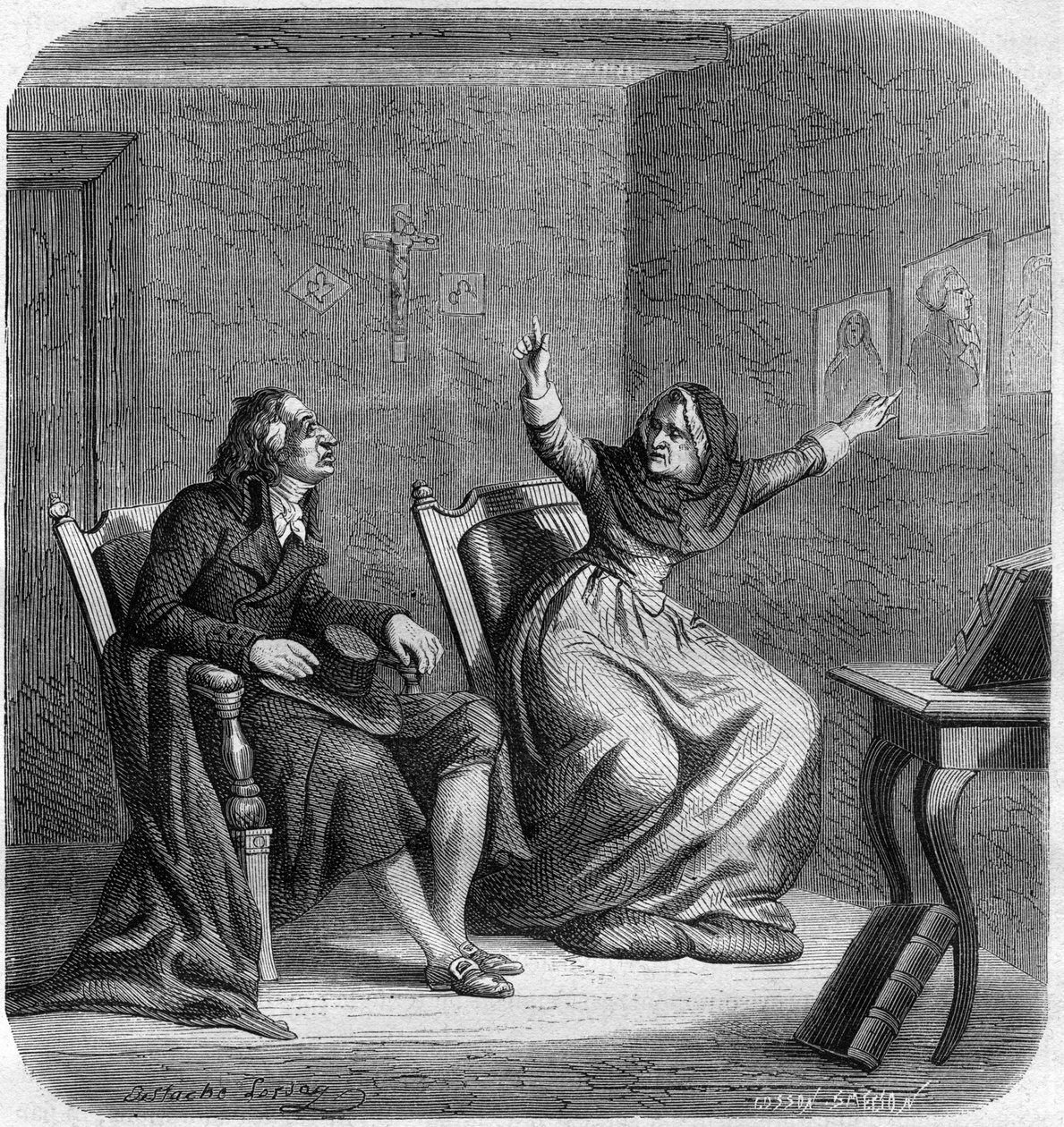 Catherine Theot (1716-1794) misztikus és francia látnok Antoine Christophe Gerlével, dit Dom Gerle (1736-1801) - Metszet Alphonse de Lamartine (1790-1869) „Histoire des Girondins” című könyvébe, 1865-1866 - Magángyűjtemény alkotó: Anonymous Anonymous
