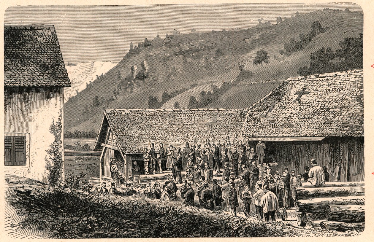 A katolikus istentisztelet ünnepe a svájci Saint Ursanne-ban (Saint Ursanne) 1874-ben, fénykép után. Louis-Eugene (Louis Eugene) Louvet „Katholikus missziók a XIX. században” című metszetébe. magángyűjtemény. alkotó: Anonymous Anonymous