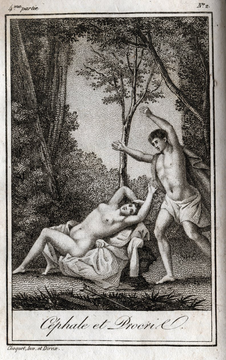 Cephale és Procris (Cephalus) szerelmespár. Metszet 1819-ből Charles Albert Demoustier (1760-1801) „Lettres a Emilie sur la mythologie” című művében. Magángyűjtemény. alkotó: Anonymous Anonymous